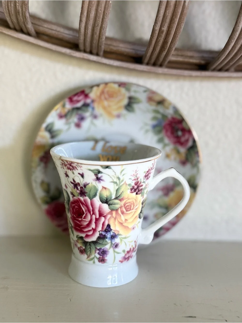 Vintage Floral Demitasse Cup and Saucer in White with Pink and Yellow Roses